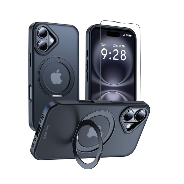 Rayswitch Screen Protector & Strong Magnetic Ring Stand Case for iPhone 16 & iPhone 16 Plus